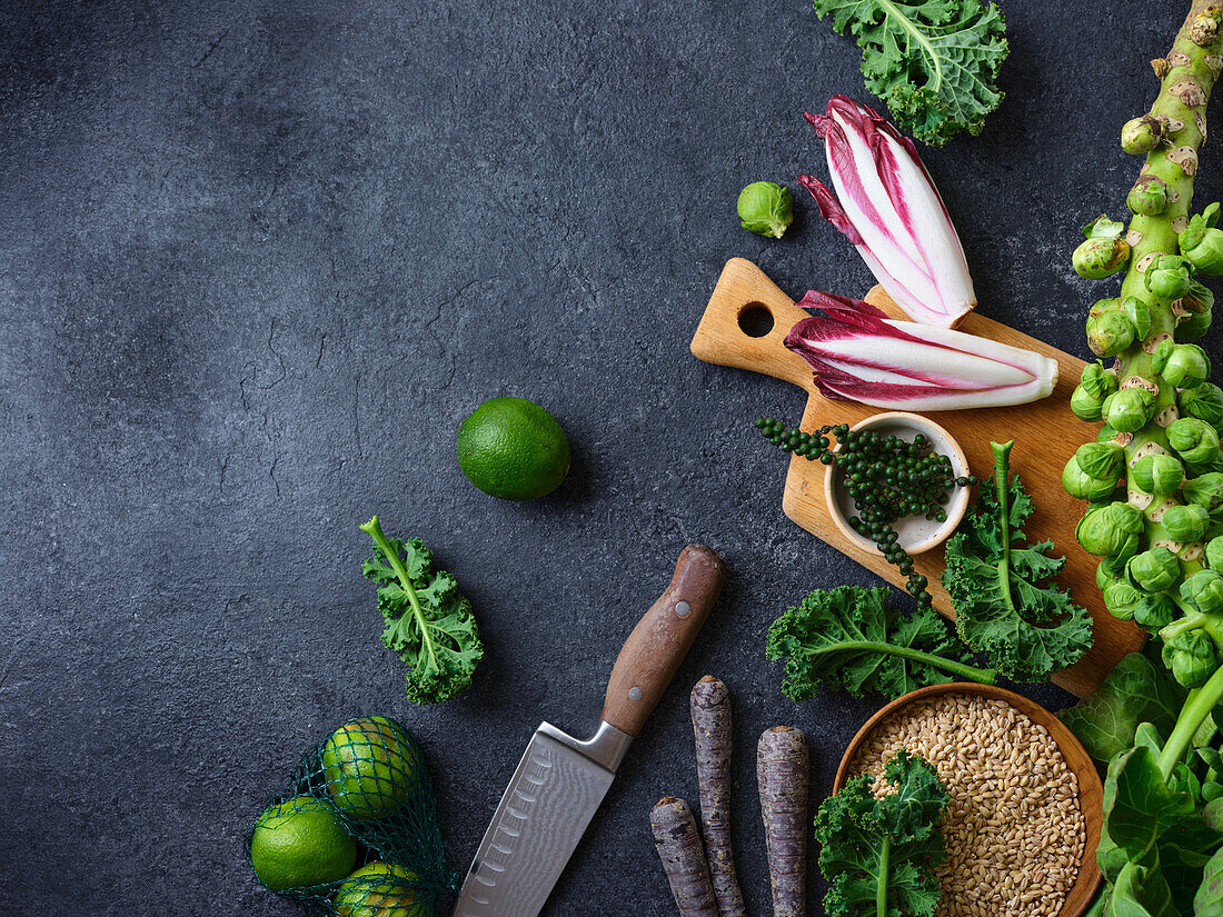 Fresh winter vegetables, green pepper, cereal grains, and lime