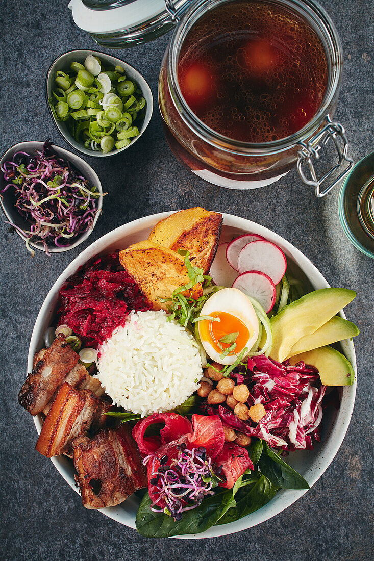 Family style bowl with pork belly