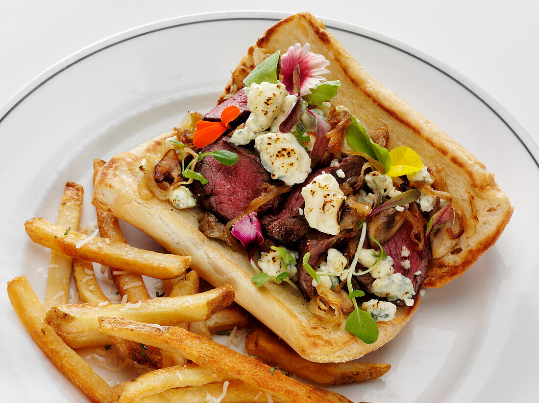Grilled steak sandwich with caramelized onions and blue cheese, served with parmesan fries