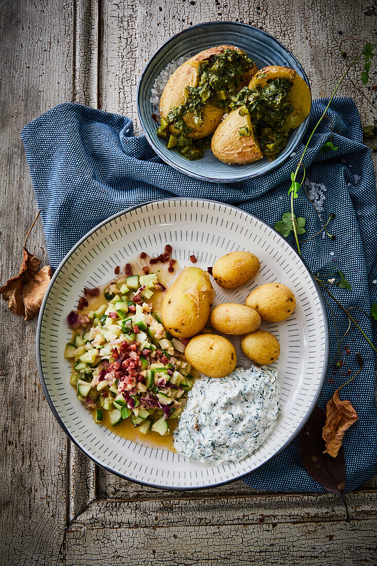 Potatoes with salsa verde; Potatoes with vegetables, bacon cubes and herb curd cheese