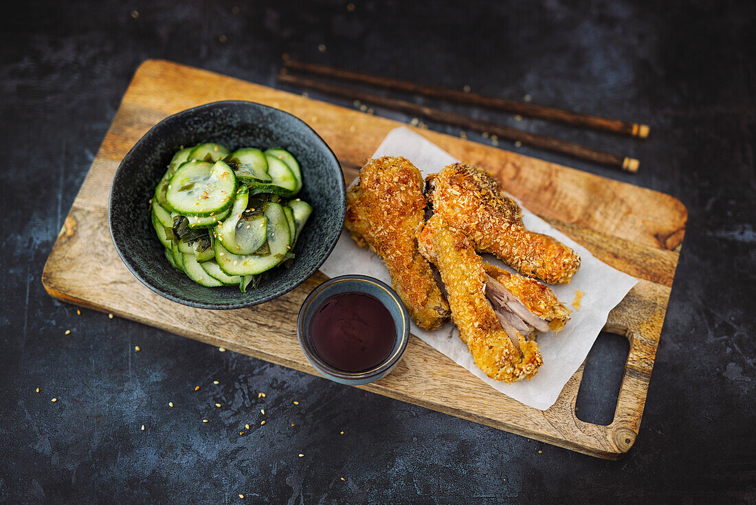 Baked chicken drumsticks with Japanese cucumber salad and plum sauce (Japan)