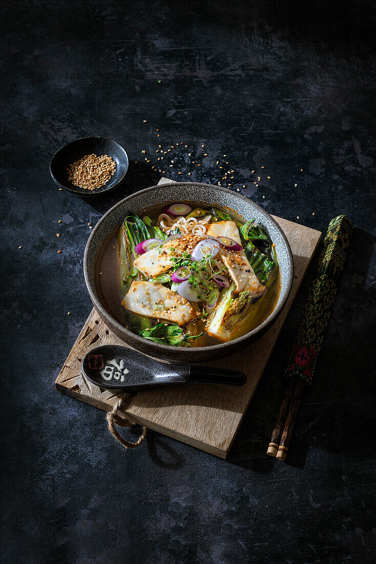 Ramen soup with dashi, noodles, mushrooms and bok choy (vegan)