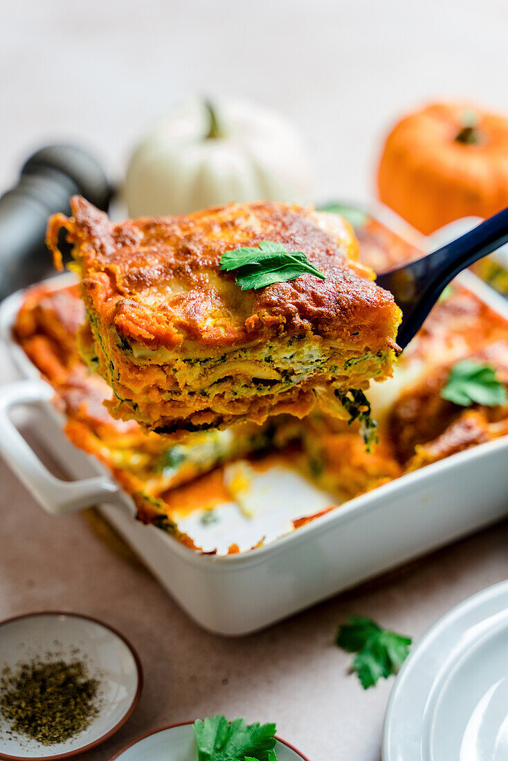 Pumpkin and spinach lasagne with ricotta and mozzarella cheese
