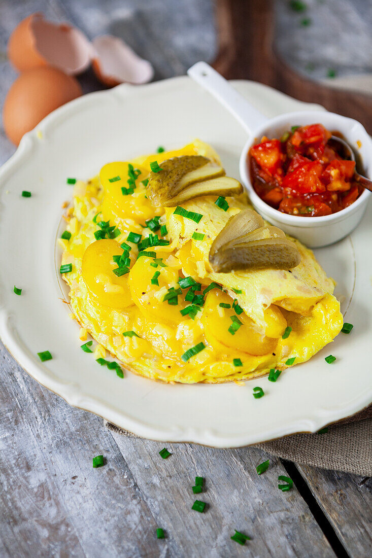 Farmer's breakfast with potatoes, egg, gherkins, and salsa