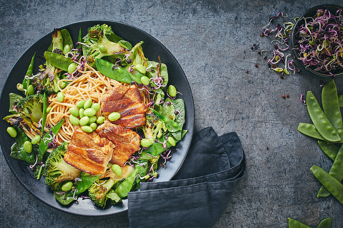 Power food with noodles and edamame