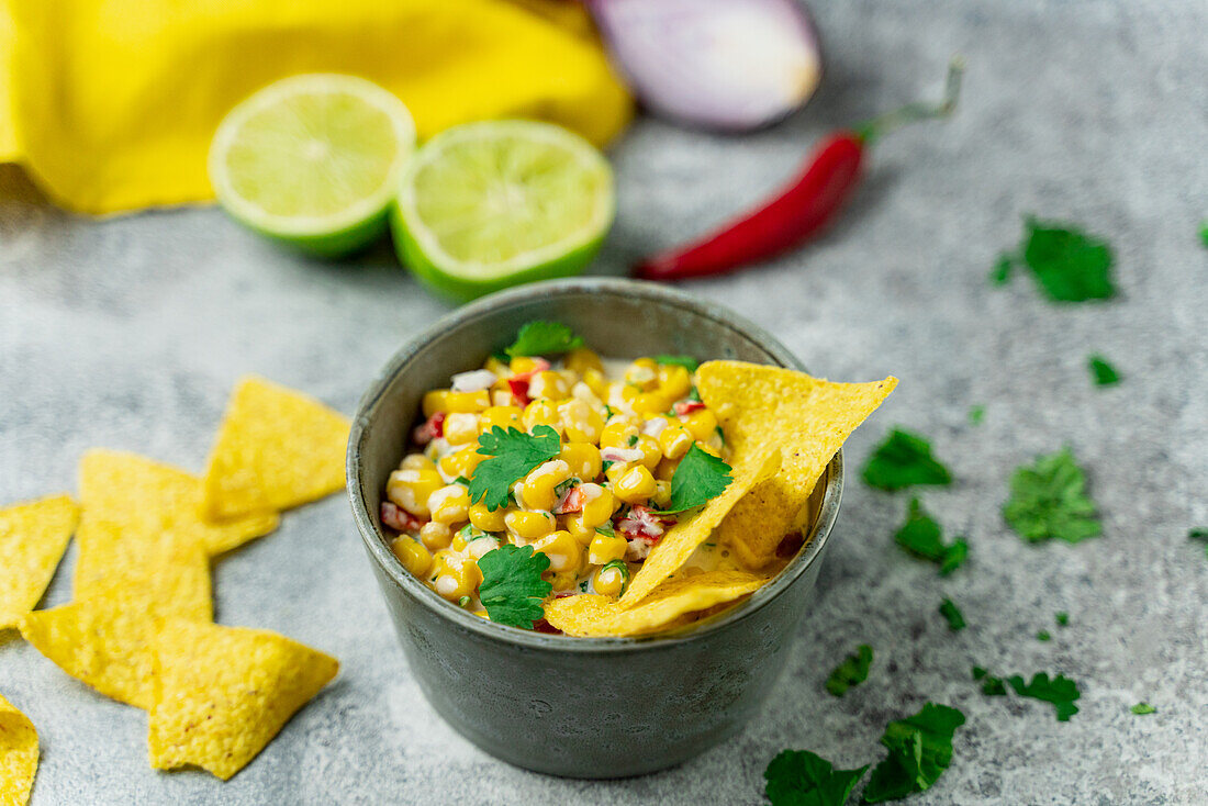 Mexican street corn salad like esquites with corn, mayonnaise, yogurt and jalapenos