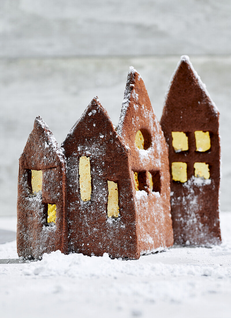 Gingerbread house biscuits in the snow