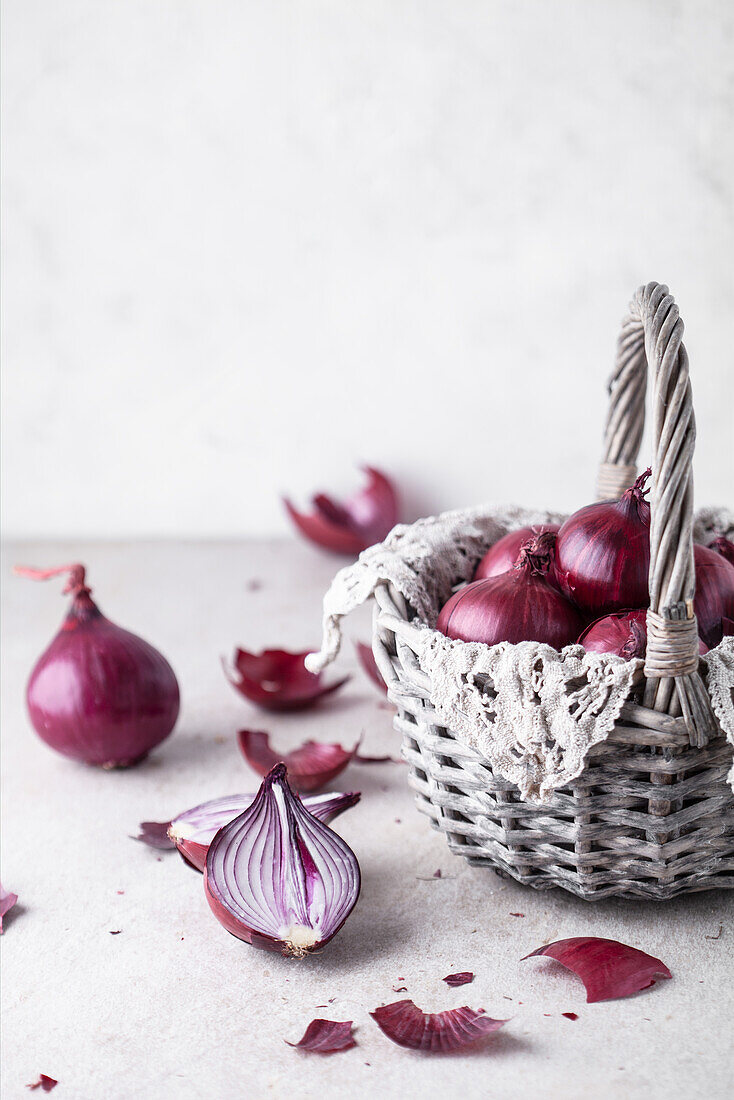 Red onions in a basket