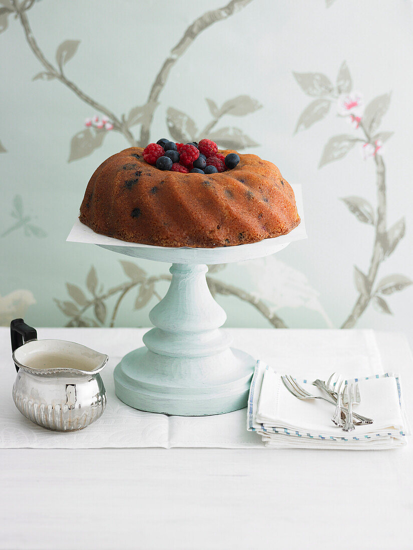 Mixed berry cake with vanilla bean syrup
