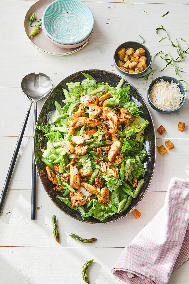 Chicken Ceasar salad with green asparagus