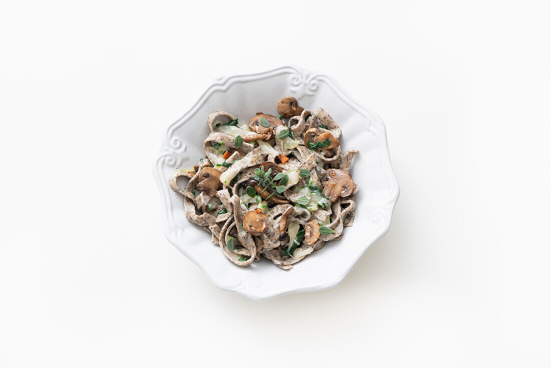 Pizzoccheri with chard, mushrooms, casera cheese, and marjoram