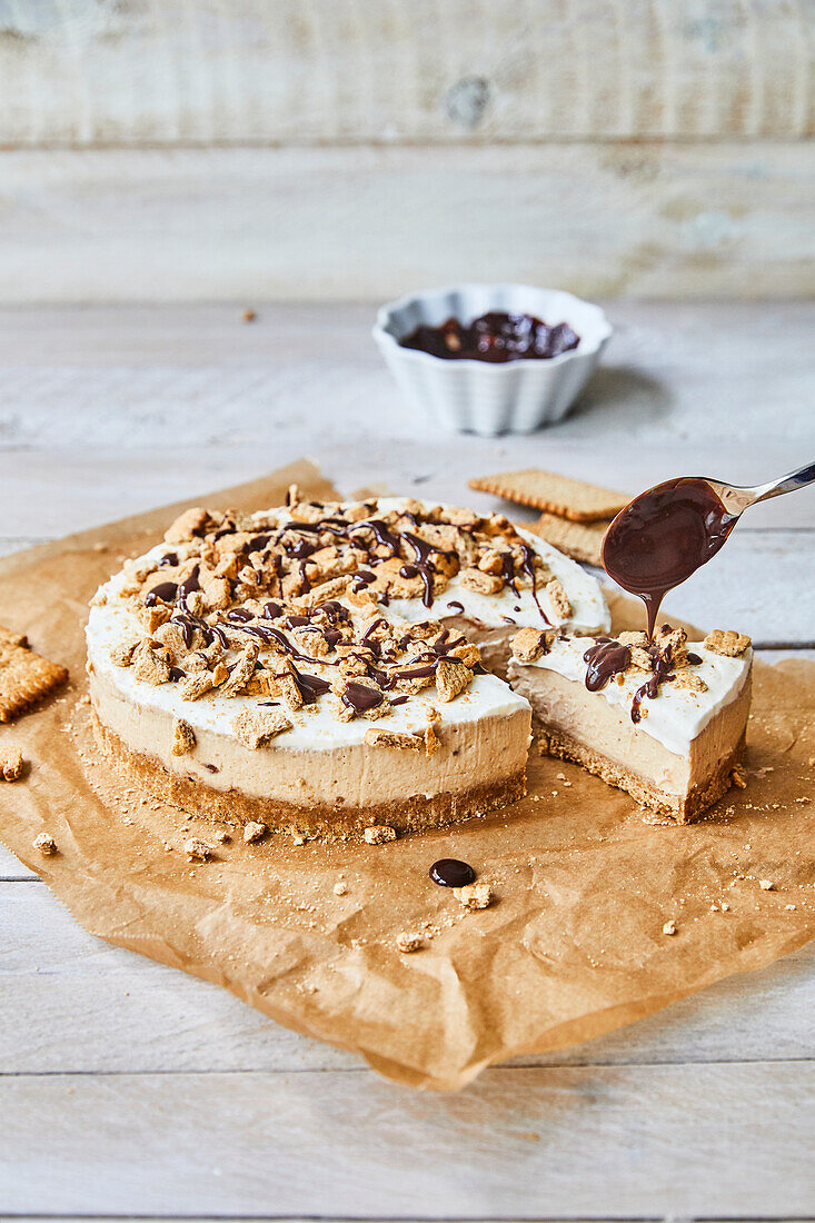 Peanut and banana cake with chocolate drizzle