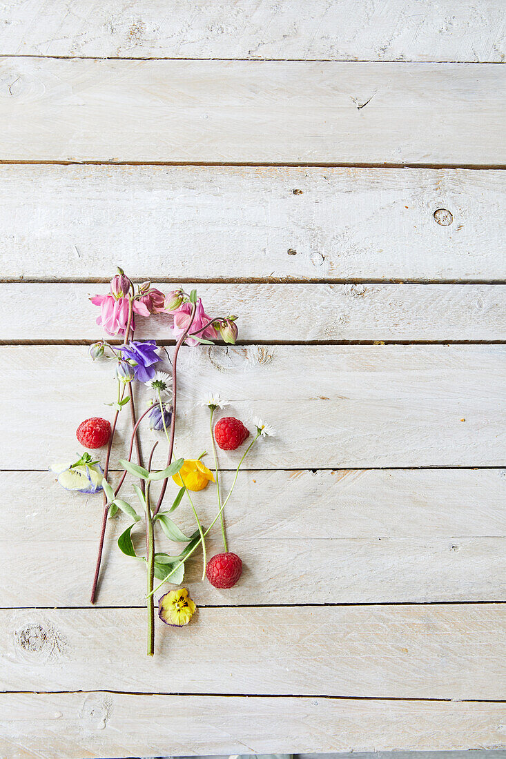 Blüten und Himbeeren auf weiß gestrichenem Holzuntergrund