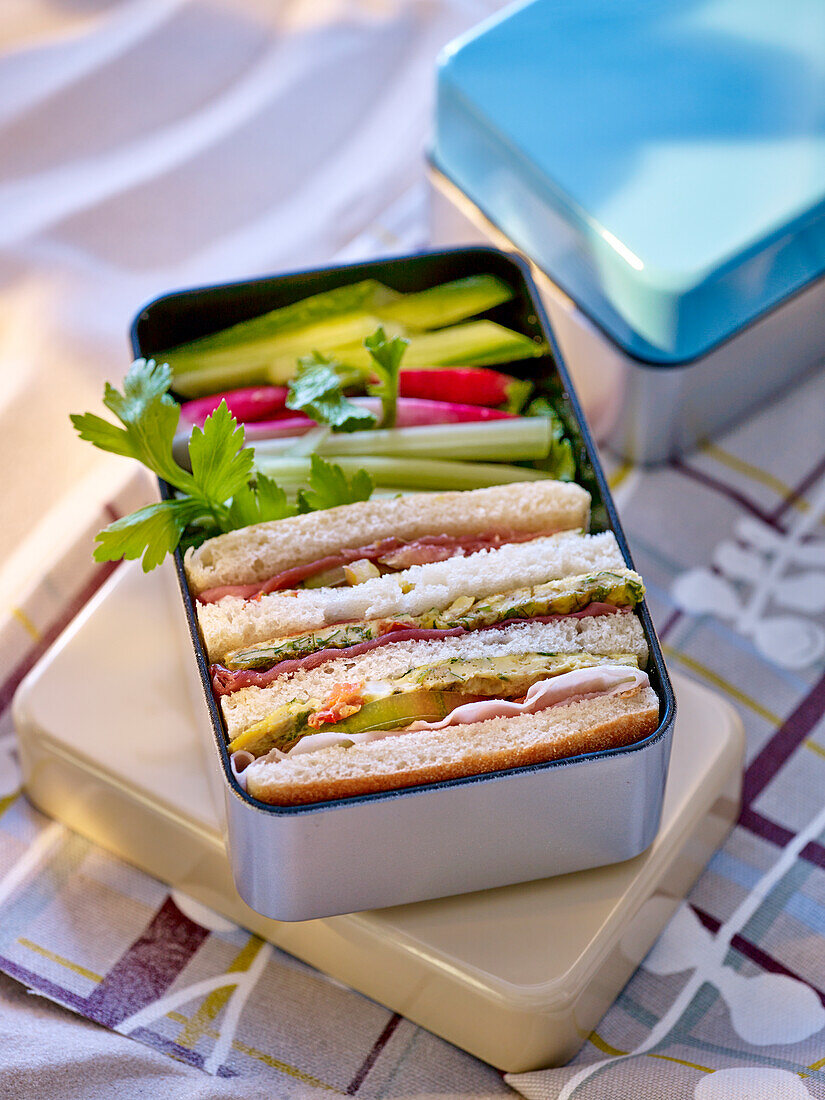 Sandwiches and vegetable sticks