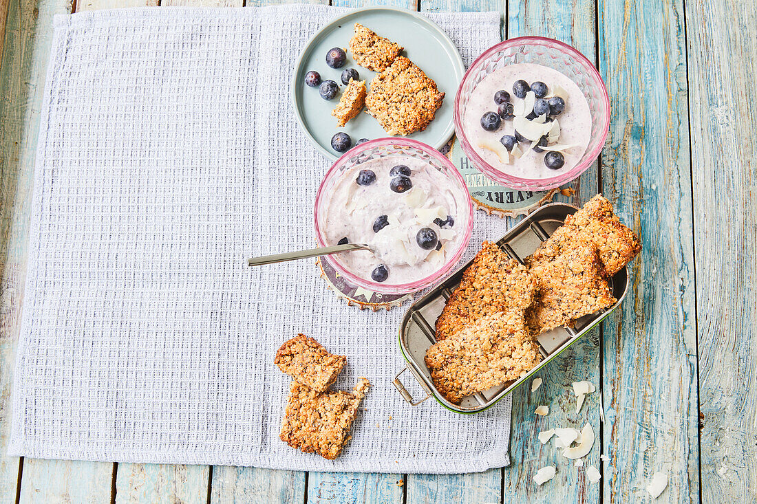 Muesli bar and blueberry yogurt