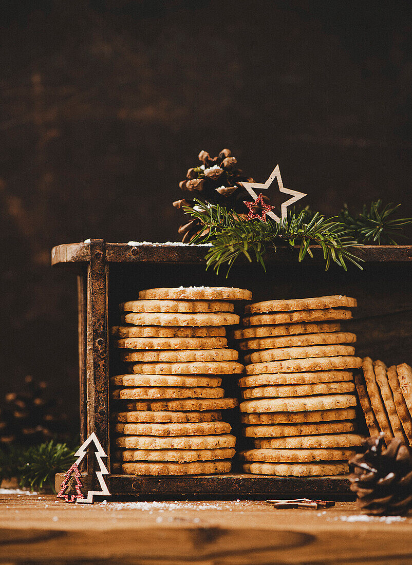 Stacks of nut cookies