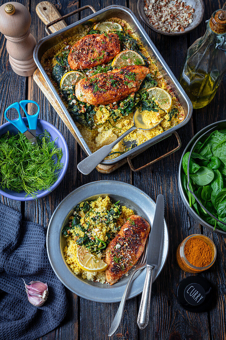 Baked chicken fillet with couscous and spinach
