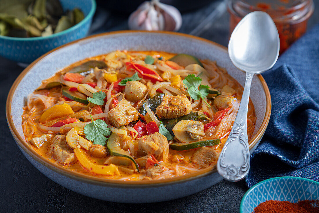 Chicken curry soup with noodles