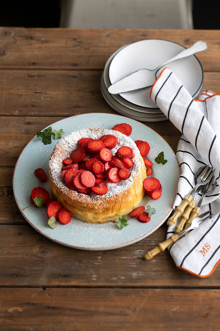 Magic Cake mit Orangenblütenwasser und Erdbeeren