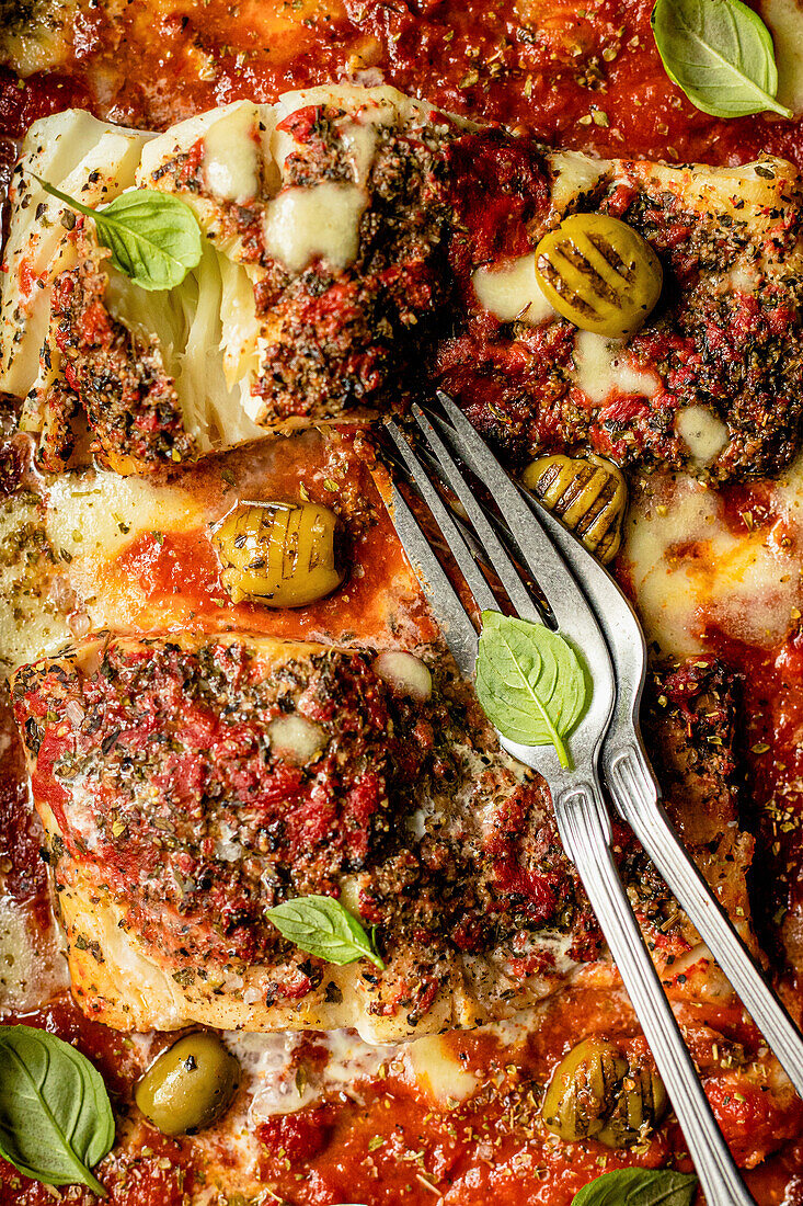 In Tomatensauce gebackener Kabeljau mit gegrillten Oliven