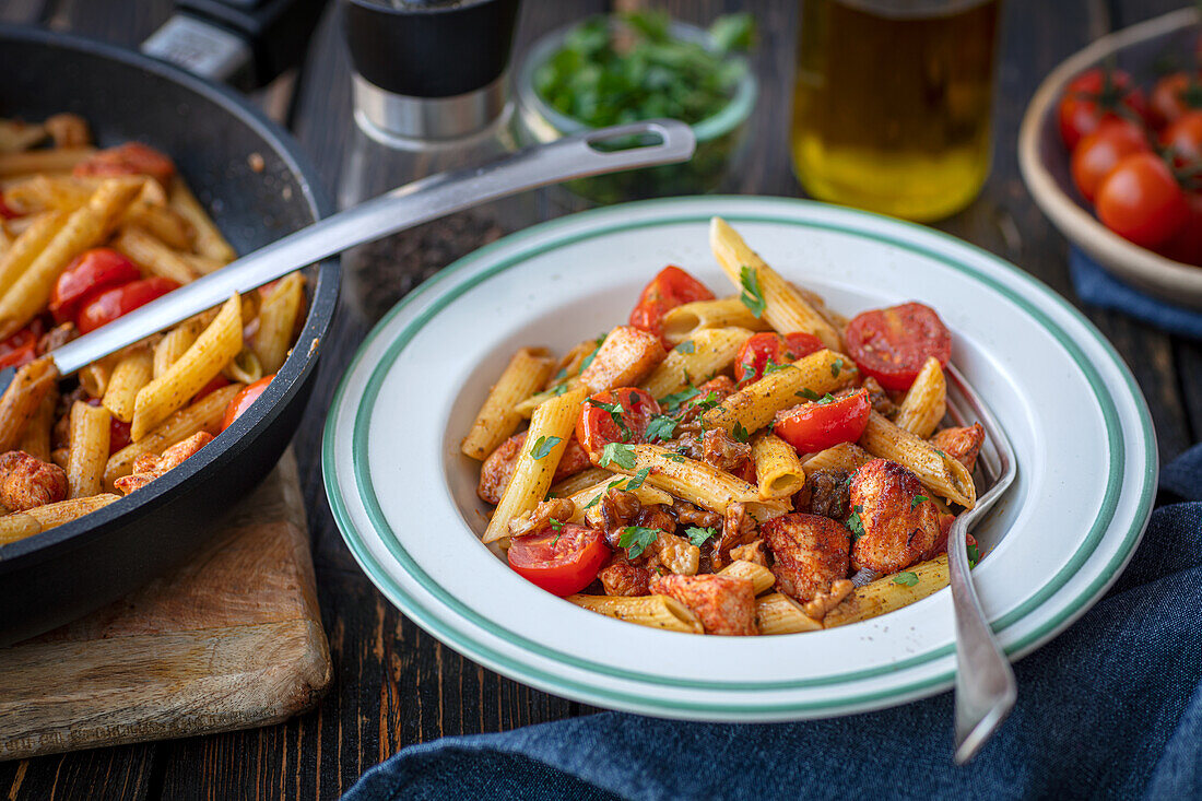 Nudeln mit Hühnchen, Tomaten und Walnüssen