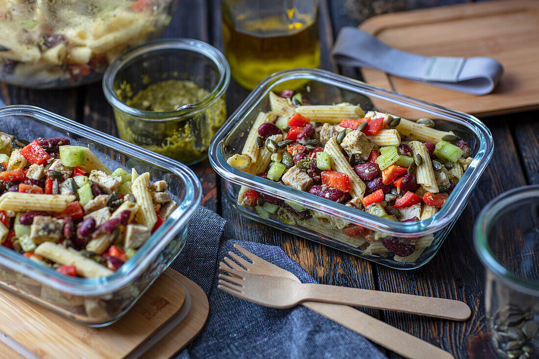 Pasta salad with baked turkey and red kidney beans