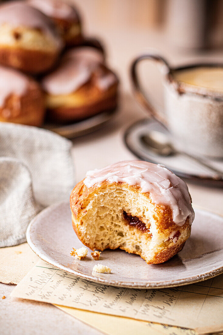 Homemade jelly donuts with icing