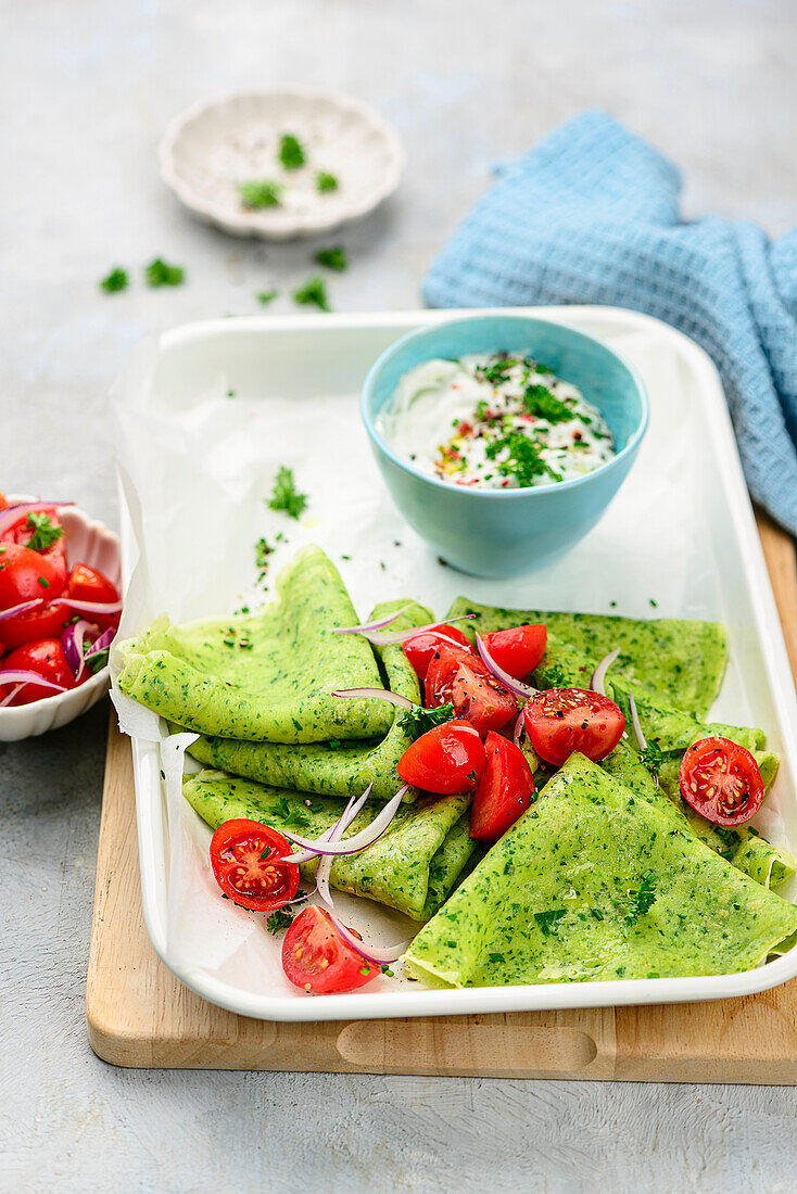 Wild garlic egg pancakes with curd dip