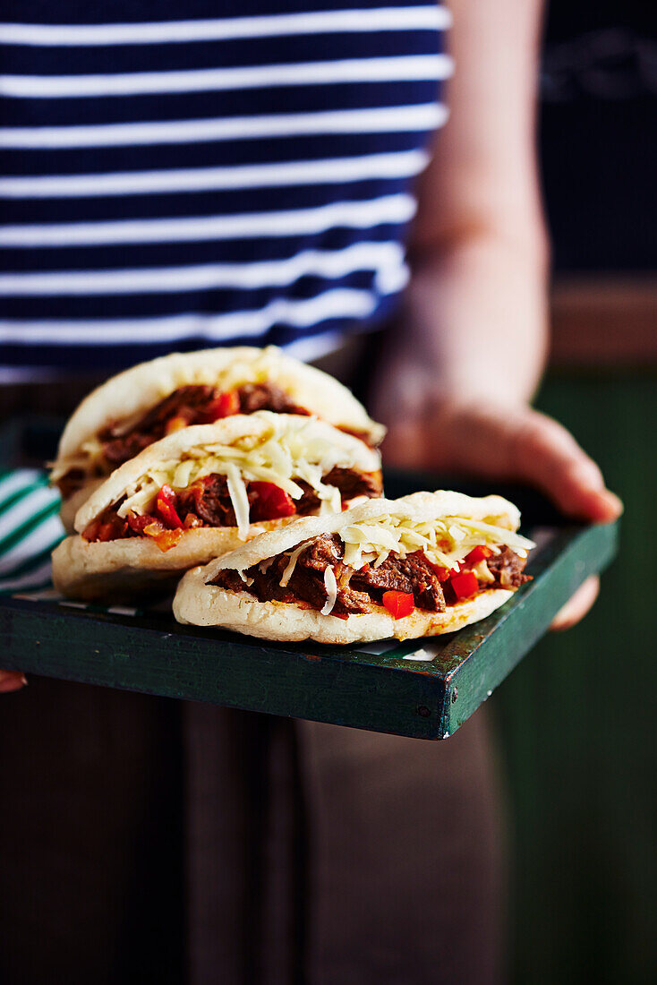 Arepas pelua - corn flat bread filled with beef (Venezuela)