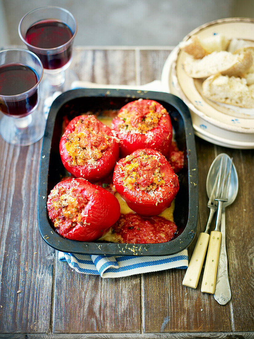 Italian stuffed peppers with veal and tomato sauce
