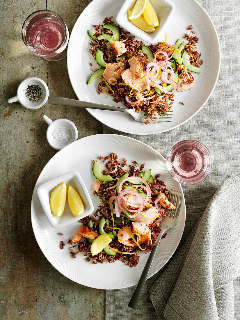 Warm Camargue red rice and salmon salad