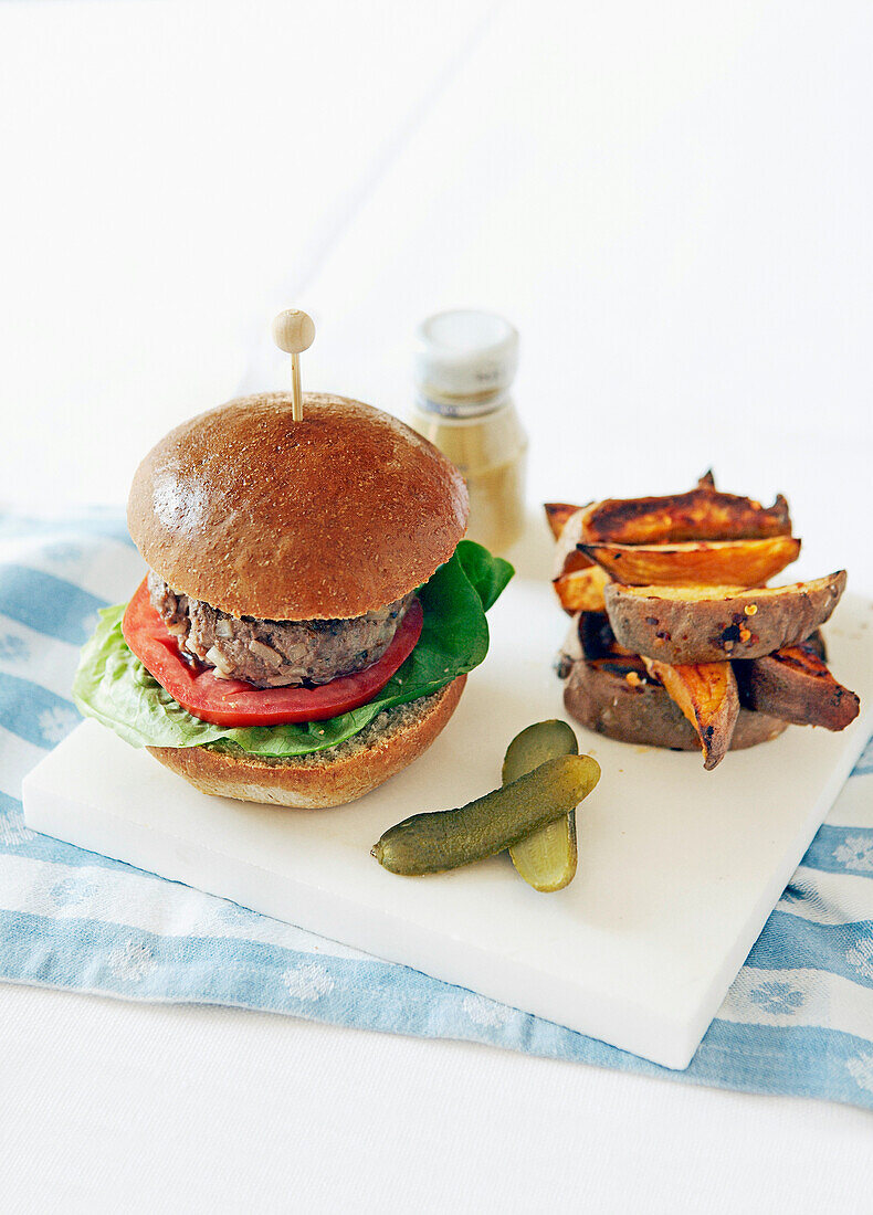 Beef burger with sweet potato chili fries
