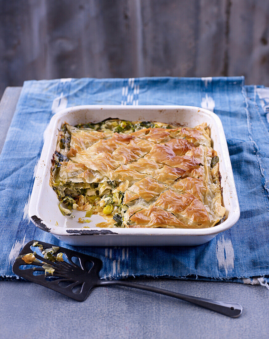 Leek and goat cheese bake with phyllo dough topping