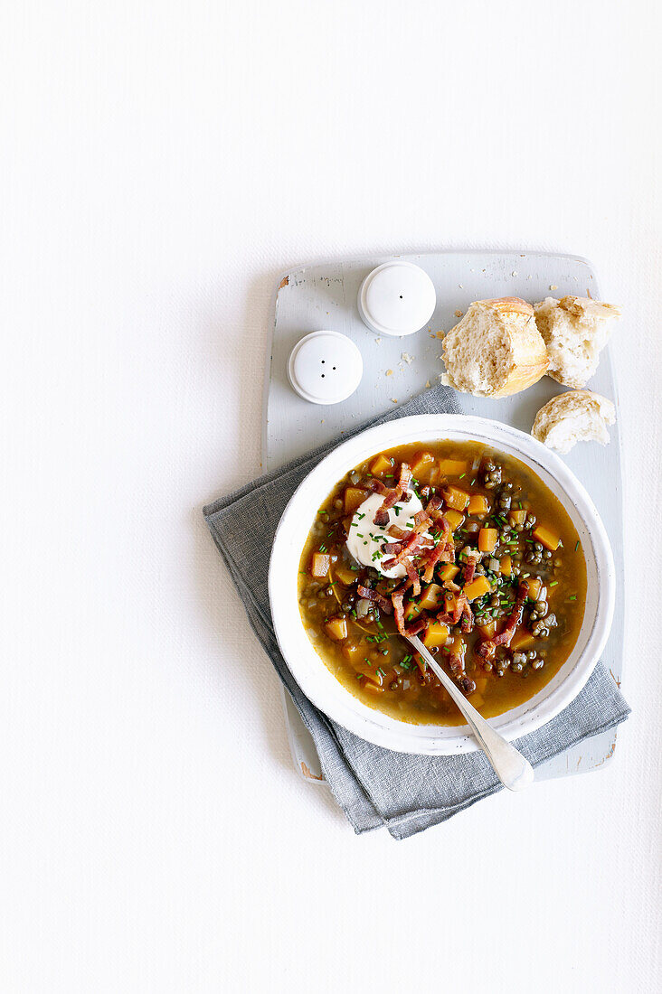 Puy lentil soup with smoked pumpkin