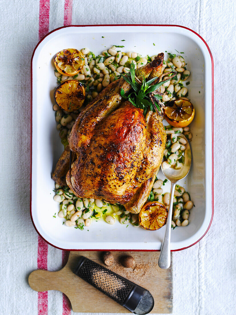 Fried chicken with white beans, nutmeg, and lemon