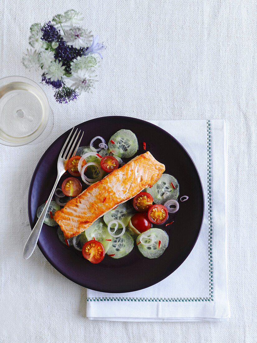 Fast Asian Salmon with Tomato and Cucumber