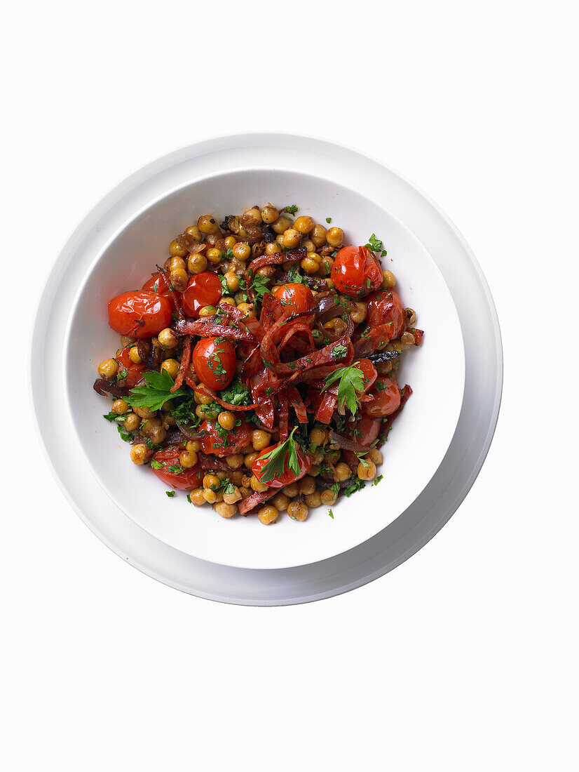 Chickpea bowl with chorizo and tomatoes