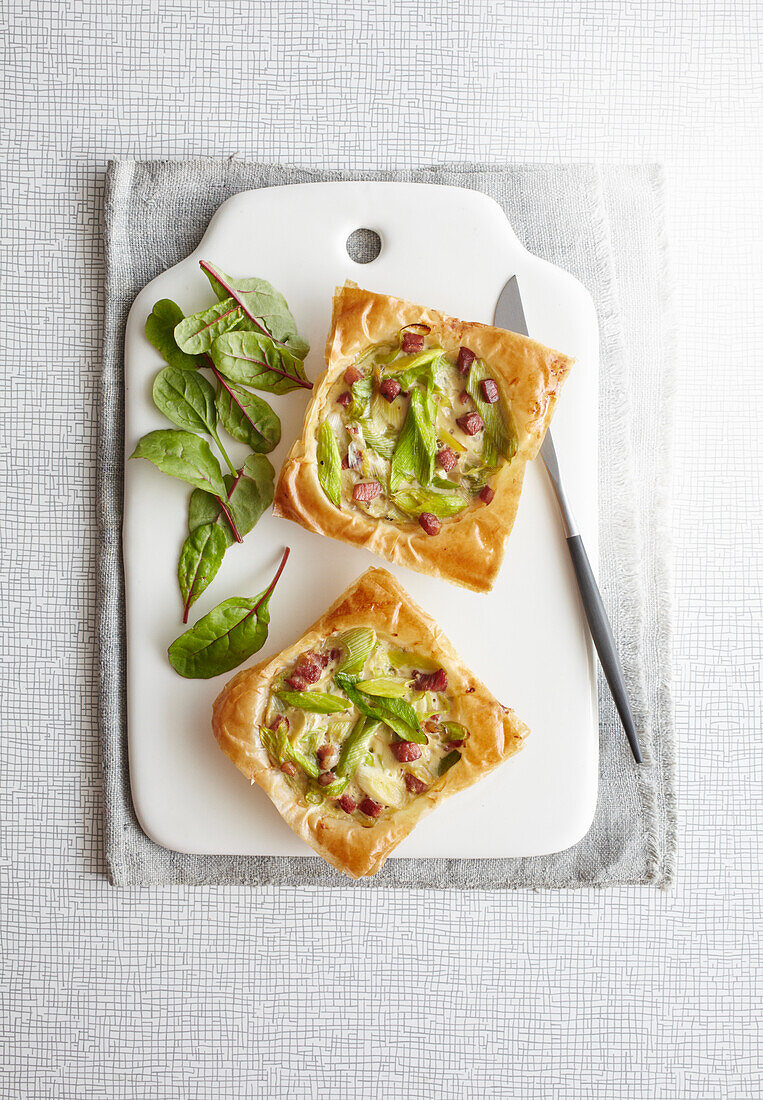 Filo tarts with leeks and pancetta