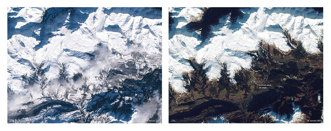 Swiss Alps, 2022 and 2023, satellite images