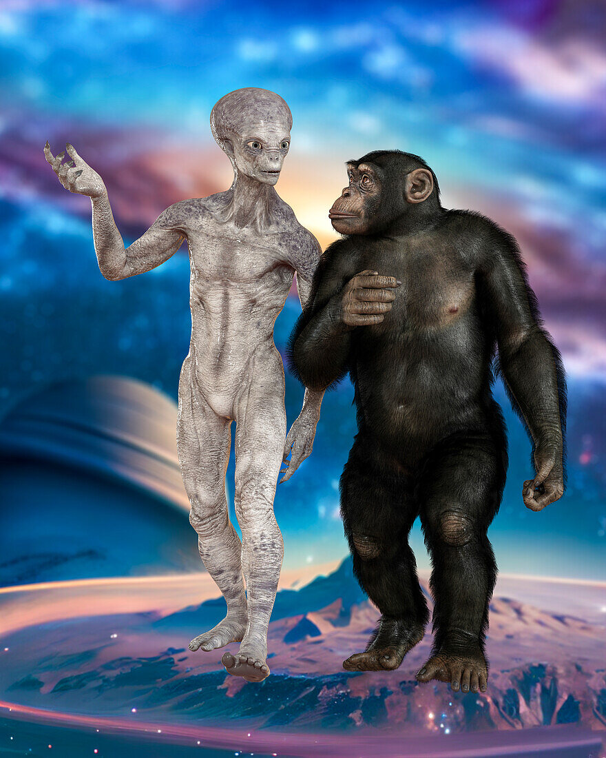 Alien and chimpanzee, illustration