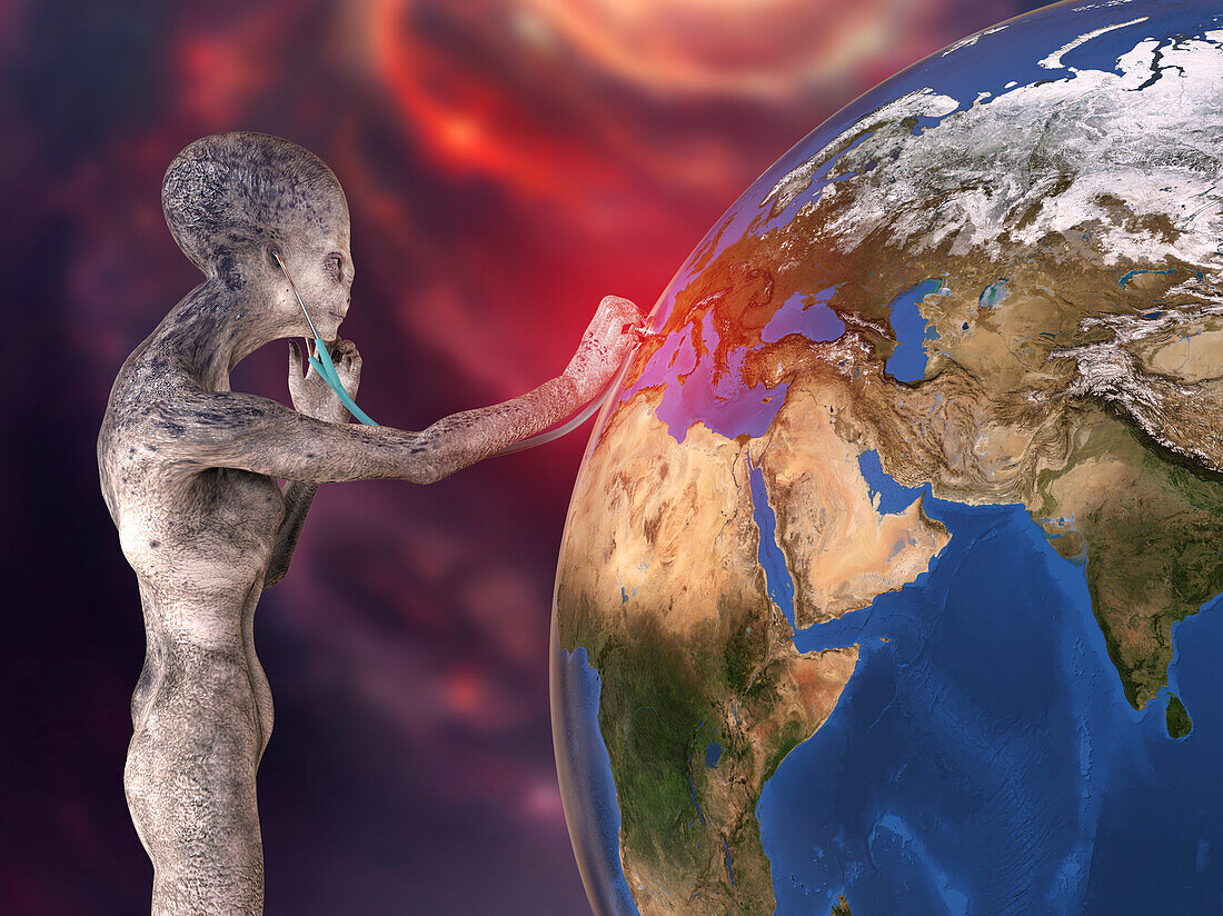 Alien with stethoscope listening to the Earth, illustration