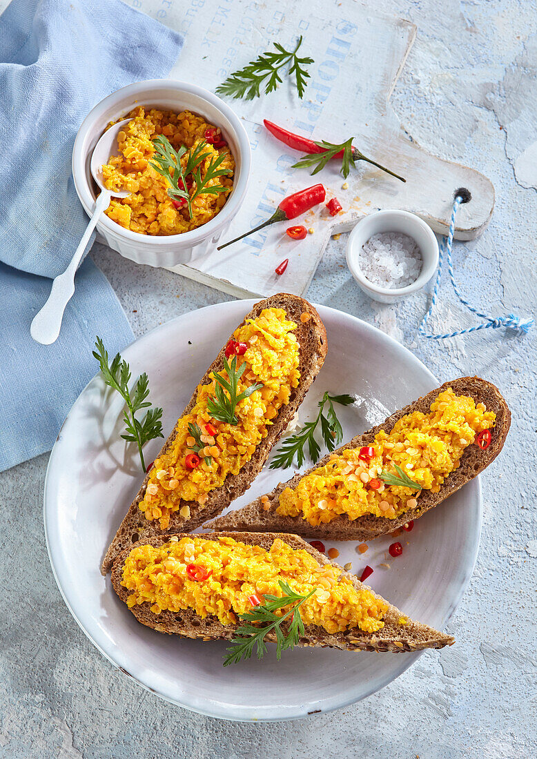 Red lentil spread on whole grain bread