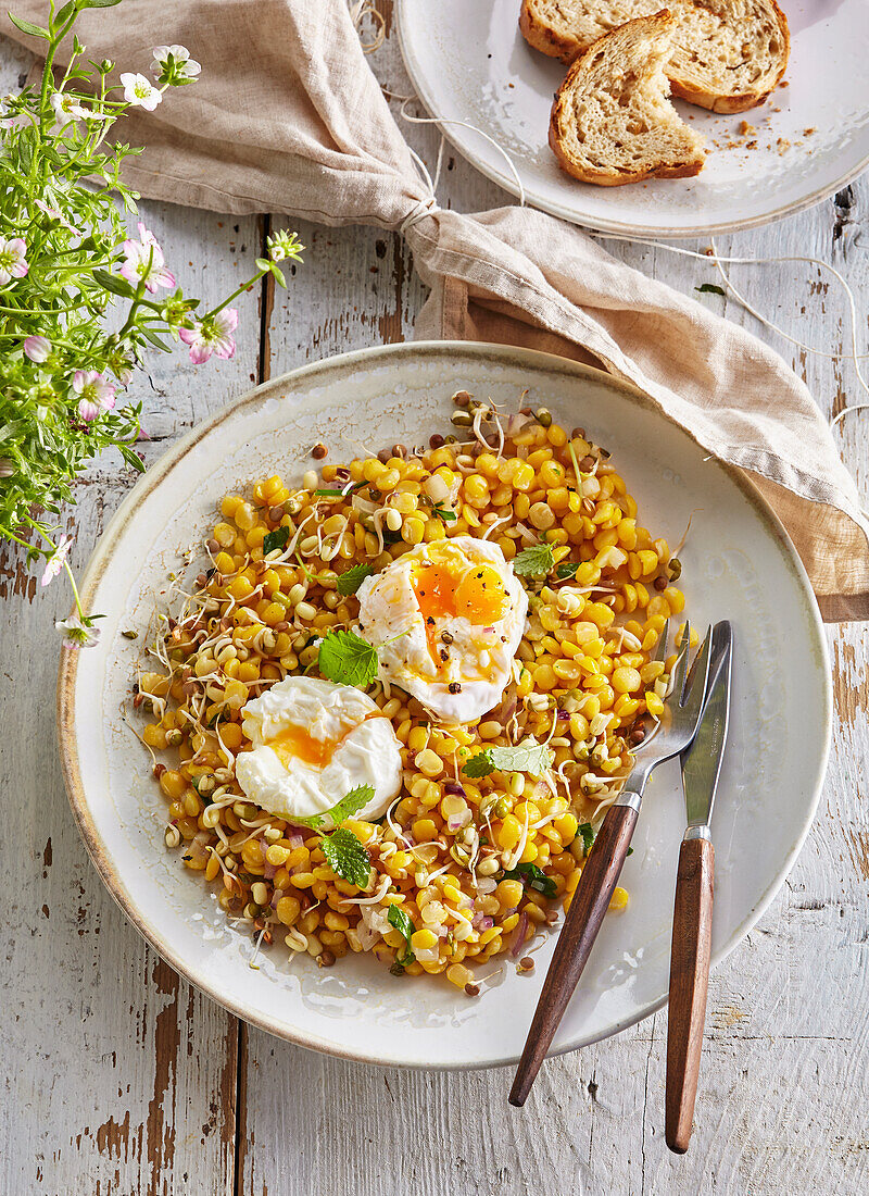 Sprouted yellow pea salad with poached egg