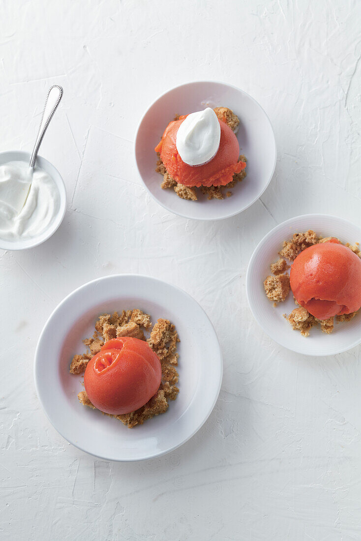 Strawberry rhubarb sorbet with crushed red pepper