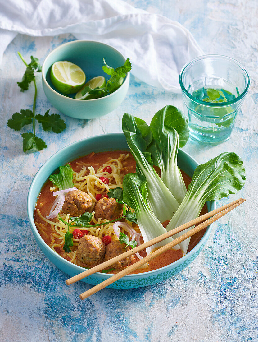 Vietnamese noodle soup with turkey meatballs and bok choy