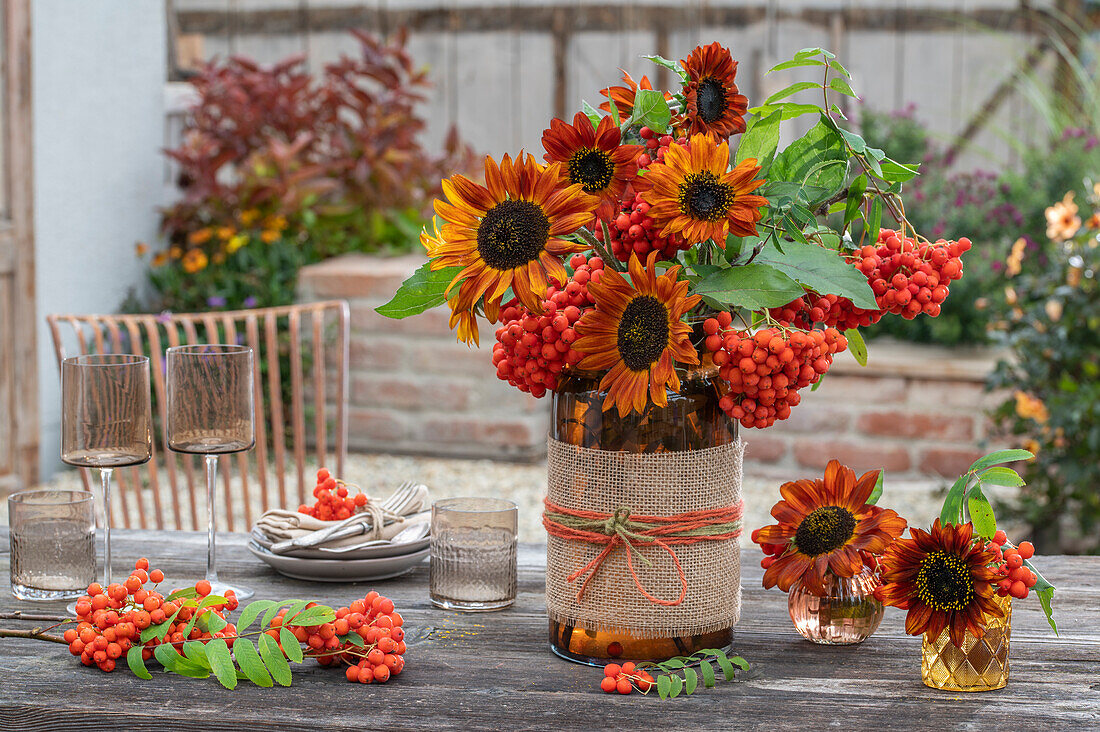 Bouquet on patio table with sunflower 'Velvet Queen', rowan berries, carrot (Ammi majus)