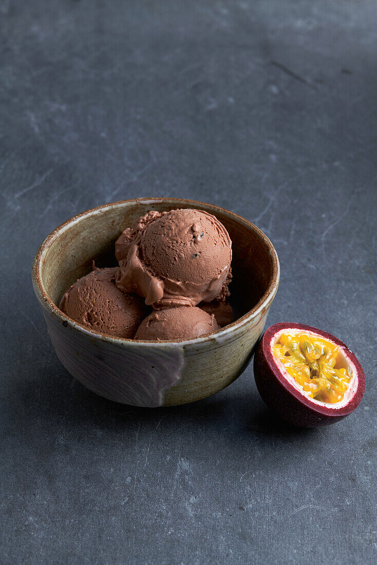 Chocolate ice cream with passion fruit