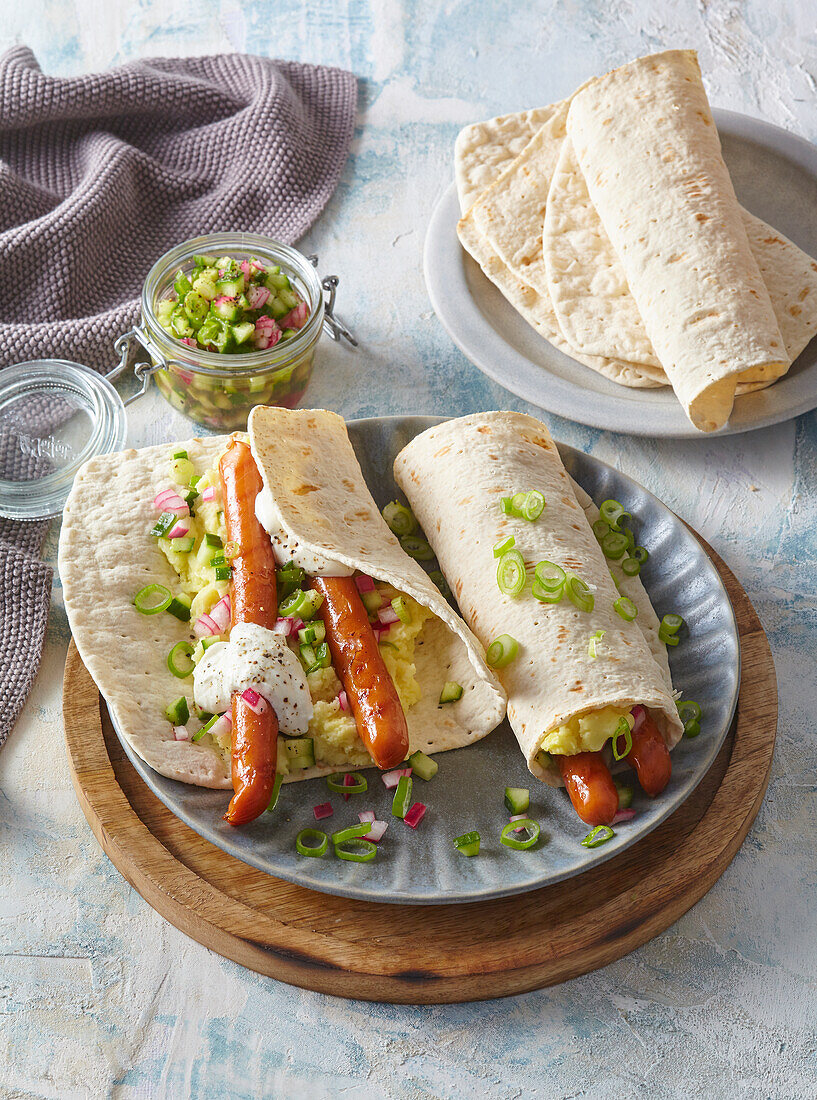 Swedish sausage wraps with cucumber salad