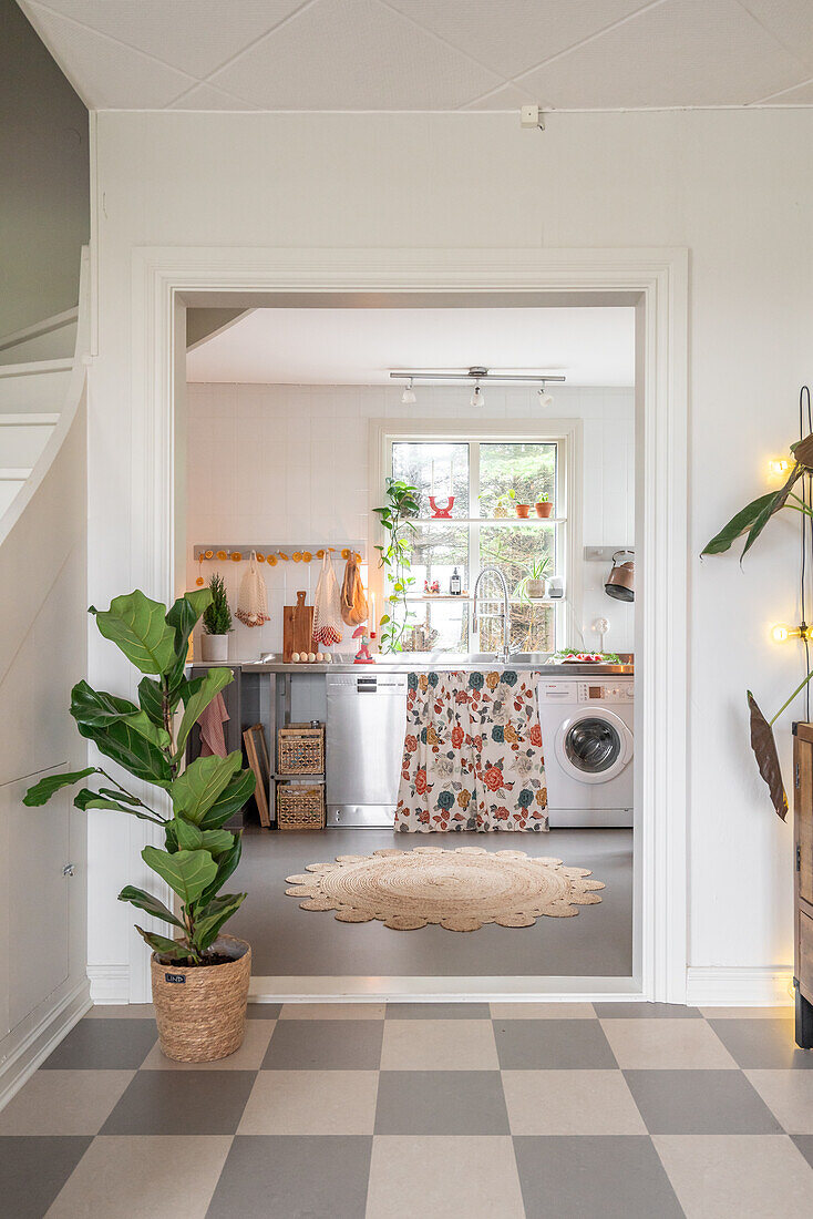 Grey and white checkered floor, houseplant and view of kitchen