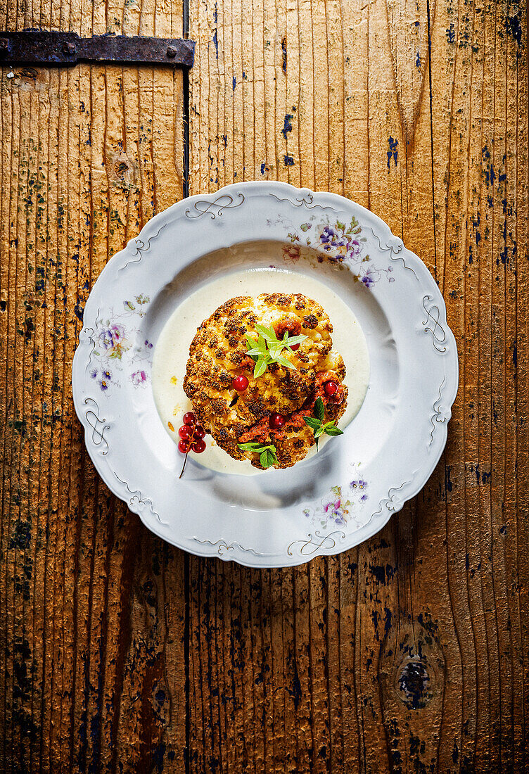 Baked cauliflower with taleggio cream and tomato pesto